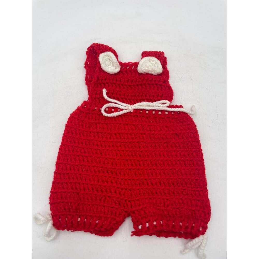 Handmade Red & White Crochet Baby Overalls With Decorative Bow & Button Detail